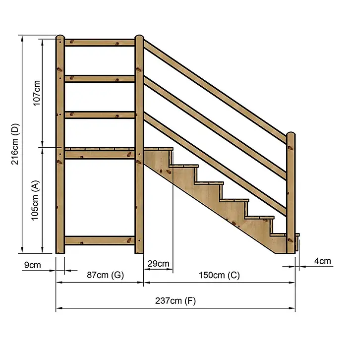 Vinuovo Außentreppe - 120 cm, Anzahl Steigungen: 6 Stk., Gerade - Hellbraune Holztreppe für Hochbett mit fünf Stufen und Geländer, inklusive Maßen.