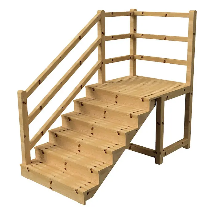 Vinuovo Außentreppe - 120 cm, Anzahl Steigungen: 6 Stk., Gerade - Helle Holztreppe mit Podest und Geländer.