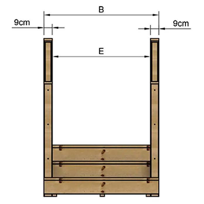 Vinuovo Außentreppe - 120 cm, Anzahl Steigungen: 3 Stk., Gerade - Holzrahmen in Hellbraun mit Maßangaben B, E und 9 cm Pfostenbreite.