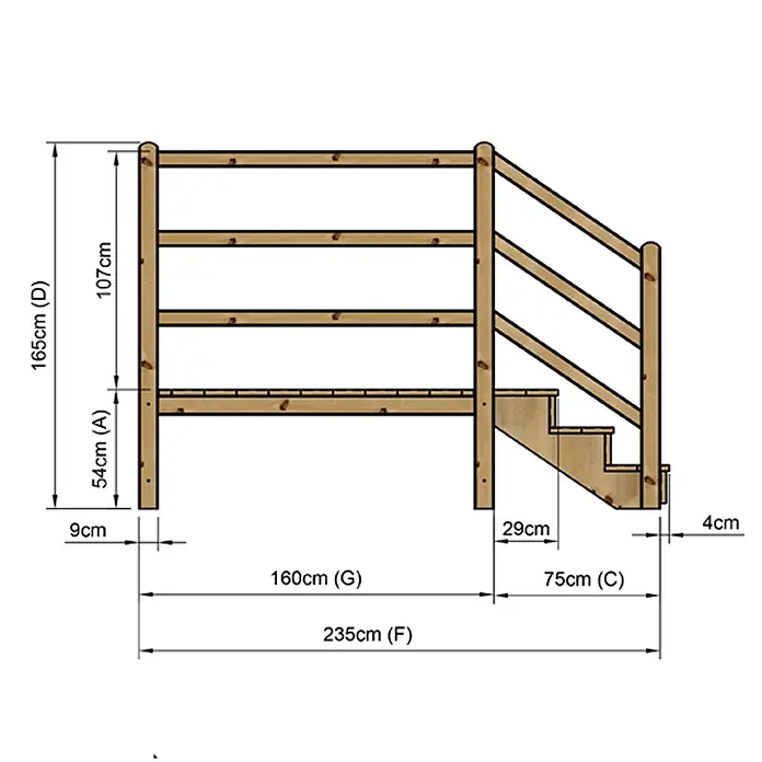 Vinuovo Außentreppe - 120 cm, Anzahl Steigungen: 3 Stk., Gerade - Dimensioniertes Holzgeländer und Treppensystem in Naturholzoptik mit umfassenden Maßen.