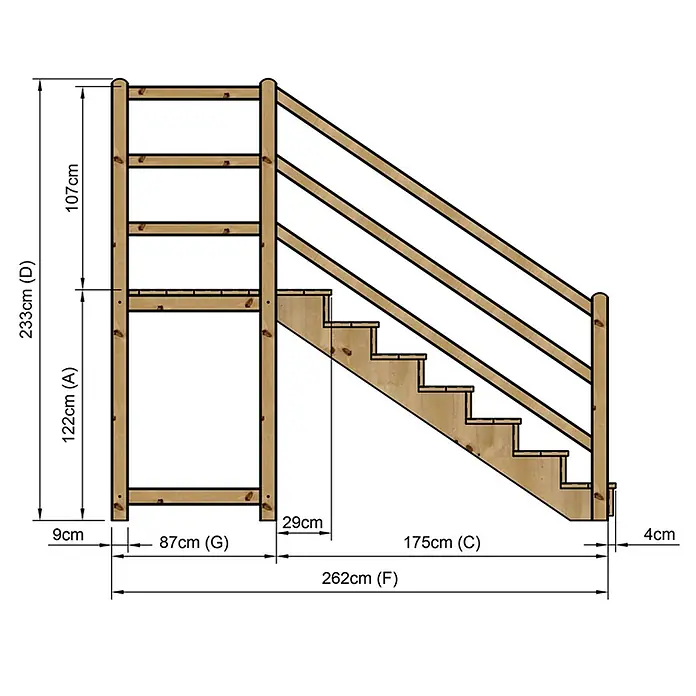 Vinuovo Außentreppe - 120 cm, Anzahl Steigungen: 7 Stk., Gerade - Detailliertes Diagramm einer Holztreppe mit Geländer für ein Hochbett, inklusive Maße.