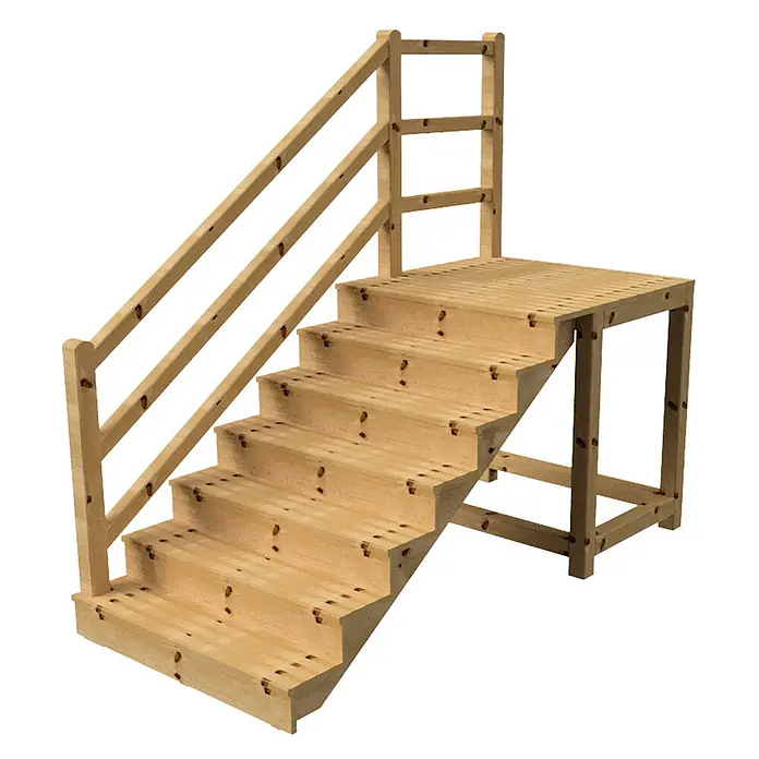 Vinuovo Außentreppe - 120 cm, Anzahl Steigungen: 7 Stk., Gerade - Helle Holztreppe mit Geländer und integriertem Podest.
