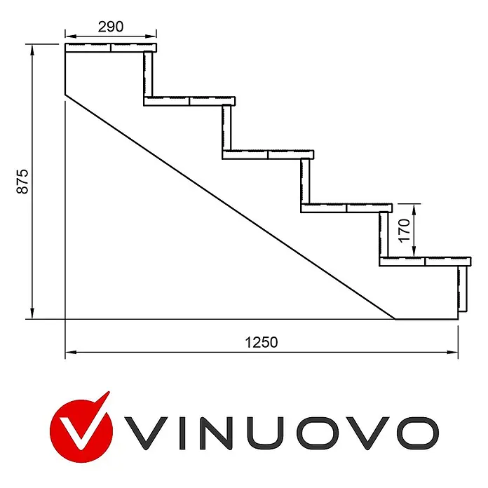 Vinuovo Außentreppe BERLIN Holztreppe - 5 Offene Stufen 88cm Höhe - 80cm Breite - Anzahl Steigungen: 5 Stk., Gerade - Technische Zeichnung einer fünfstufigen Treppe mit Hauptmaßen für Höhe, Länge, Auftritt und Steigung.