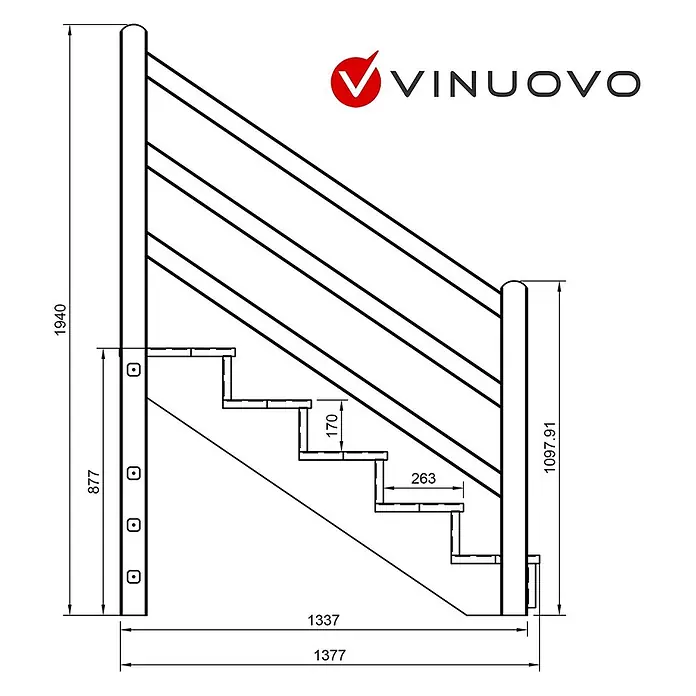 Vinuovo Außentreppe Venezia mit Geländer rechts, 5 Stufen, H88cm B120cm, ohne Setzstzufen - Anzahl Steigungen: 5 Stk., Gerade - Technische Zeichnung einer Treppenbalustrade mit Maßen und Designdetails.