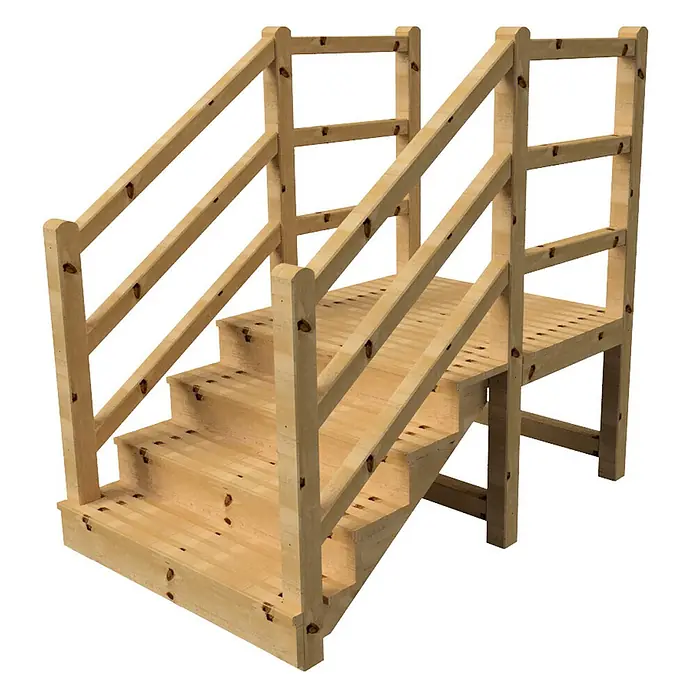 Vinuovo Außentreppe - 120 cm, Anzahl Steigungen: 4 Stk., Gerade - Helle Holztreppe mit Podest und Holzgeländer.
