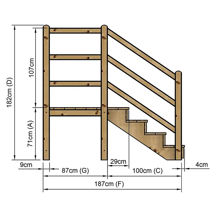 Vinuovo Außentreppe - 120 cm, Anzahl Steigungen: 4 Stk., Gerade - Technische Zeichnung eines hellen Holz-Hochbettseitenrahmens mit vierstufiger Leiter und Sicherheitsgeländer, inklusive Maßen.