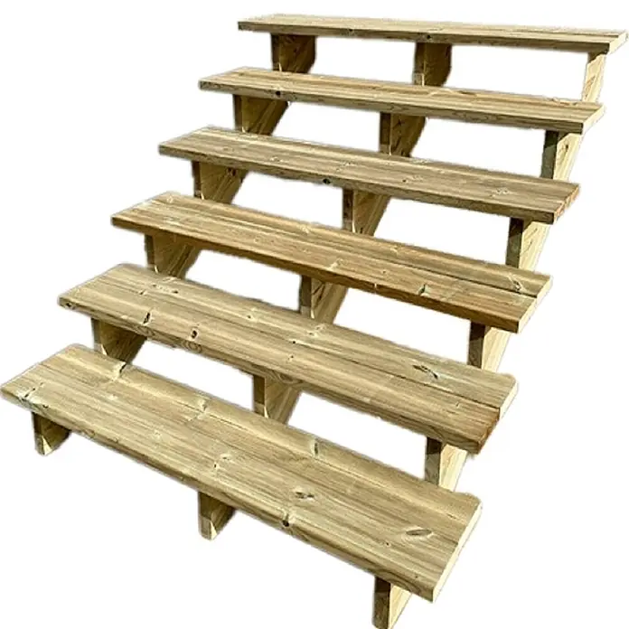 Vinuovo Außentreppe BERLIN Holztreppe - 6 Offene Stufen 105cm Höhe - 120cm Breite - Anzahl Steigungen: 6 Stk., Gerade - Sechsstufige hellbraune Holztreppe.