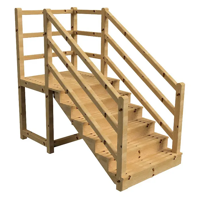 Vinuovo Außentreppe - 120 cm, Anzahl Steigungen: 6 Stk., Gerade - Modulare Kiefernholztreppe mit Podest und stabilen Handläufen.