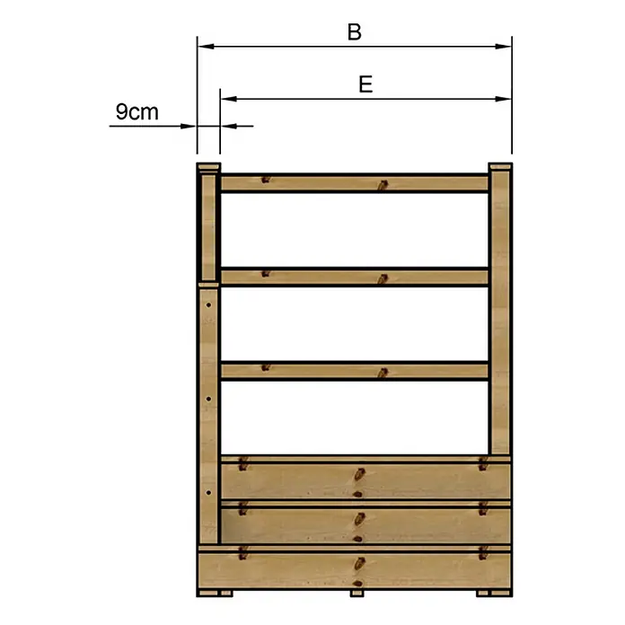 Vinuovo Außentreppe - 120 cm, Anzahl Steigungen: 3 Stk., Gerade - Holzrahmenkonstruktion mit Maßen B und E, und 9cm Seitenbreite.