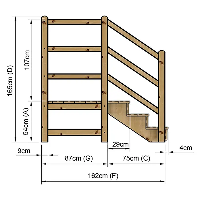 Vinuovo Außentreppe - 120 cm, Anzahl Steigungen: 3 Stk., Gerade - Hölzerne Hochbett-Leiter und Treppe mit Gesamtmaßen für den Aufbau.
