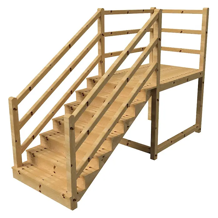 Vinuovo Außentreppe - 120 cm, Anzahl Steigungen: 7 Stk., Gerade - Natürliche Holztreppe mit Geländer, die zu einer Lattenplattform führt.