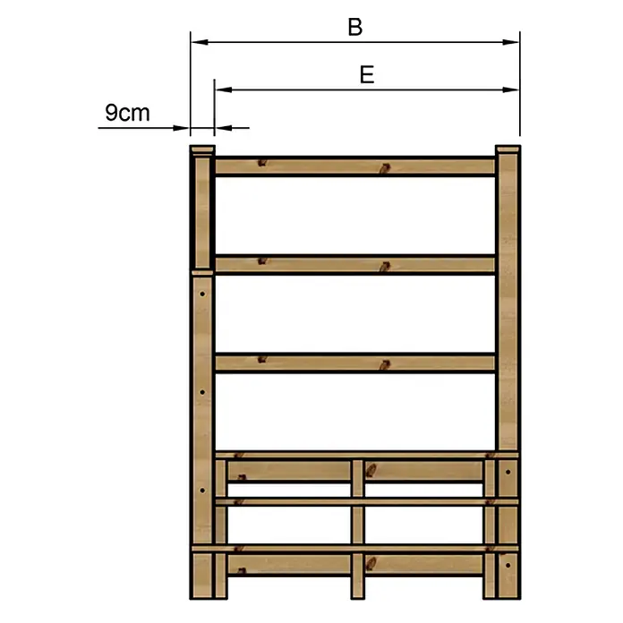 Vinuovo Außentreppe - 120 cm, Anzahl Steigungen: 3 Stk., Gerade - Helles Holzregal mit Maßen: B (Gesamtbreite), E (Innenbreite) und 9cm (Pfostenbreite).