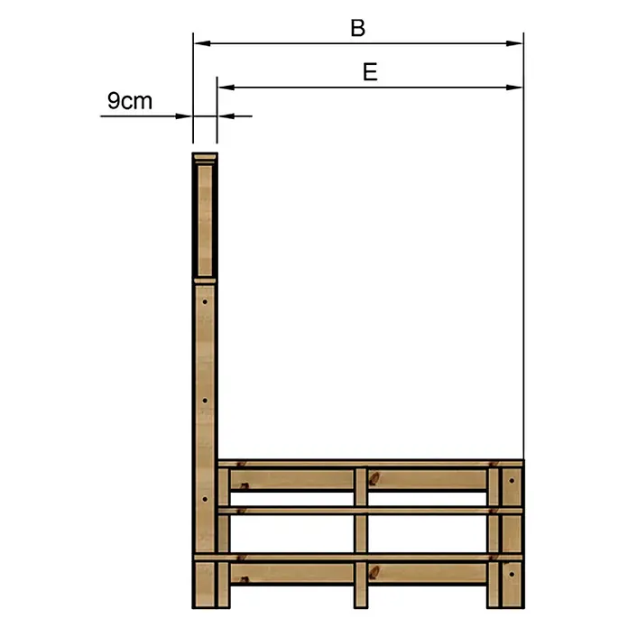 Vinuovo Außentreppe - 120 cm, Anzahl Steigungen: 3 Stk., Gerade - Seitenansicht einer hölzernen Bettrahmen-Stützkonstruktion mit Maßen B, E und 9 cm.