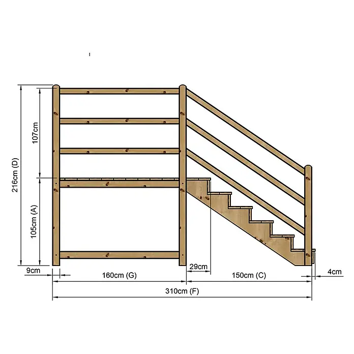 Vinuovo Außentreppe - 120 cm, Anzahl Steigungen: 6 Stk., Gerade - Eine erhöhte Holzplattform mit Seitengeländern und integrierter Treppe, geeignet für ein Spielhaus oder Hochbett.