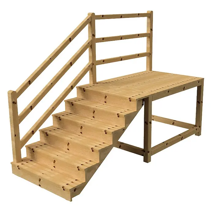 Vinuovo Außentreppe - 120 cm, Anzahl Steigungen: 6 Stk., Gerade - Holztreppe mit Plattform und Geländer.