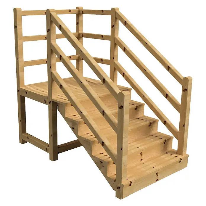 Vinuovo Außentreppe - 120 cm, Anzahl Steigungen: 5 Stk., Gerade - Helle Kiefernholztreppe mit fünf Stufen, Podest und Schutzgeländern, ideal für erhöhten Zugang oder Terrassen.