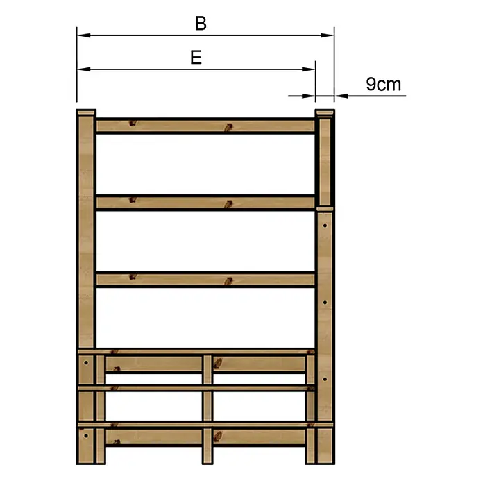 Vinuovo Außentreppe - 120 cm, Anzahl Steigungen: 3 Stk., Gerade - Hölzernes Regal mit Naturholz-Finish, das Maßangaben (B, E, 9cm) zeigt.