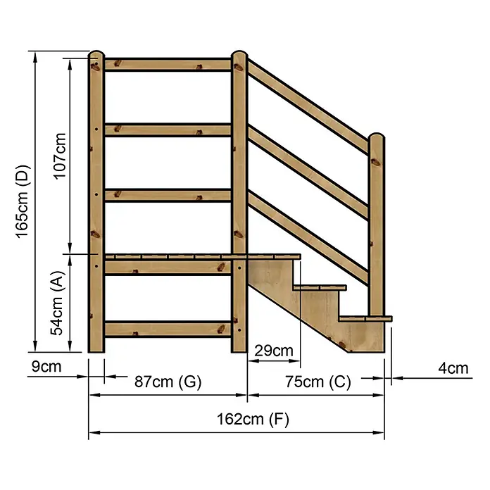 Vinuovo Außentreppe - 120 cm, Anzahl Steigungen: 3 Stk., Gerade - Helle Holzkonstruktion mit Leiter, Geländer und Treppe, Maße angegeben.