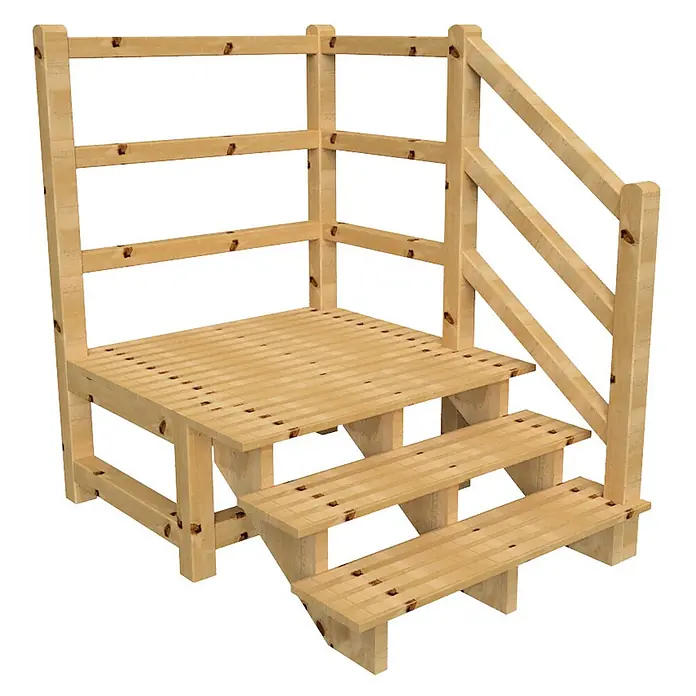 Vinuovo Außentreppe - 120 cm, Anzahl Steigungen: 3 Stk., Gerade - Helle Holzplattform mit zwei Stufen und Sicherheitsgeländer, mit sichtbaren Holzknoten.