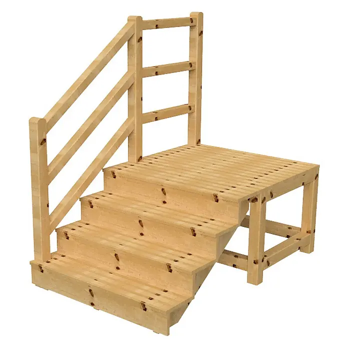 Vinuovo Außentreppe - 120 cm, Anzahl Steigungen: 4 Stk., Gerade - Hellbraune Holzterrasse mit drei Stufen und Geländer.