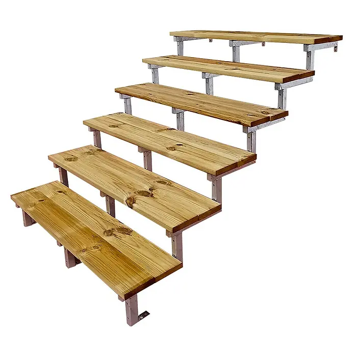 Vinuovo Außentreppe OSLO - Stahltreppe Außen H105cm 6 Treppenstufen Holz KDI Breite 140cm - Anzahl Steigungen: 6 Stk., Gerade - Sechs aufsteigende Stufen mit hellbraunen Holztritten und grauen Metallstützen.