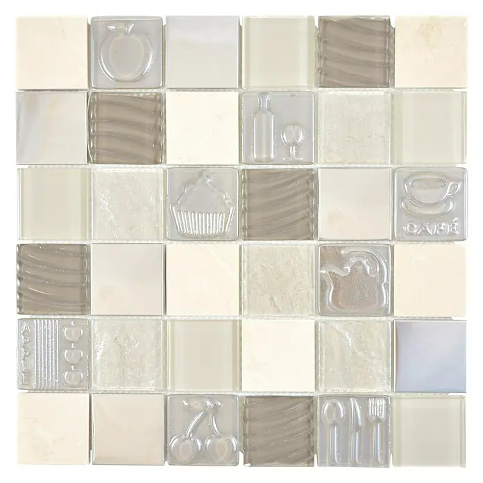 Mosaikfliese Quadrat Crystal XCM 8RK13 - 30 x 30 cm, Beige, Glänzend - Muster aus Küchenmosaikfliesen mit Apfel-, Flaschen-, Cupcake-, Kaffeetassen-, Teekannen-, Kirsch- und Besteckmotiven für eine stilvolle Küchengestaltung.