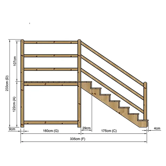 Vinuovo Außentreppe - 120 cm, Anzahl Steigungen: 7 Stk., Gerade - Detailliertes Diagramm eines hellbraunen Holzpodests mit Treppe und Geländer, inklusive Maßangaben.