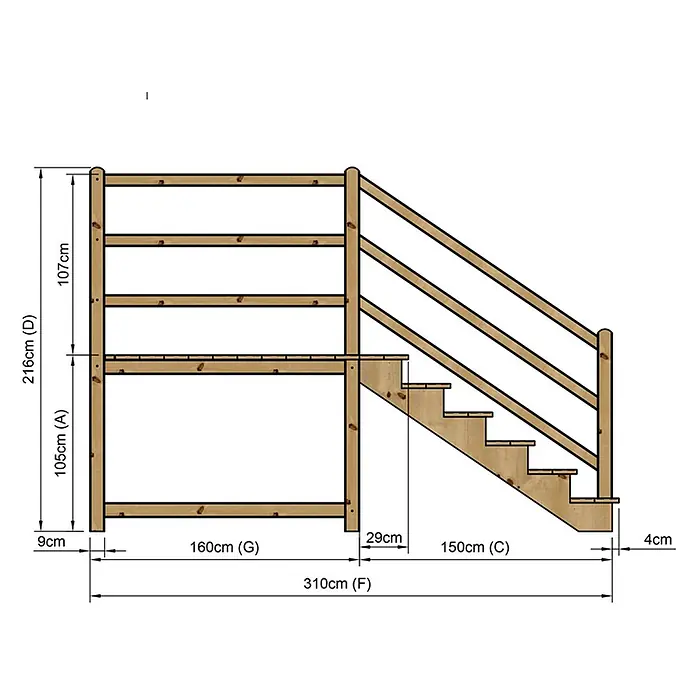 Vinuovo Außentreppe - 120 cm, Anzahl Steigungen: 6 Stk., Gerade - Holzetagenbett mit integrierter Treppe und Sicherheitsgeländer.