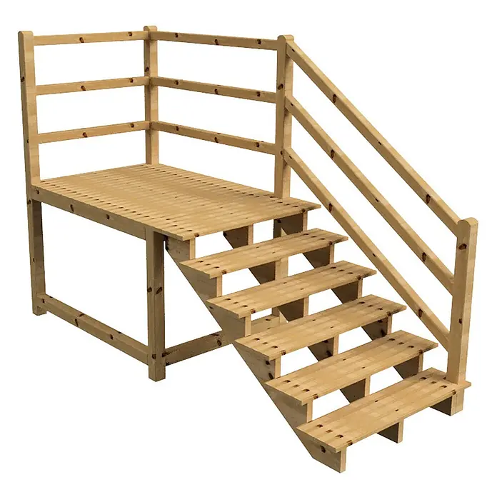 Vinuovo Außentreppe - 120 cm, Anzahl Steigungen: 6 Stk., Gerade - Erhöhte Holzterrasse mit Treppe und Schutzgeländer aus hellem Holz.