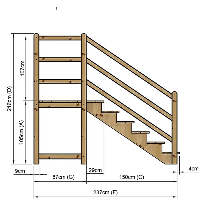 Vinuovo Außentreppe - 120 cm, Anzahl Steigungen: 6 Stk., Gerade - Holztreppe mit Geländer und seitlichem Podestrahmen, mit Maßangaben für Höhe, Breite und Tiefe.