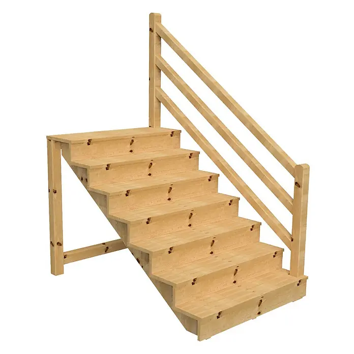 Vinuovo Außentreppe Venezia mit Geländer rechts, 7 Stufen, H122cm B120cm, mit Setzstufen - Anzahl Steigungen: 7 Stk., Gerade - Modulare Treppe aus hellem Naturholz mit Geländer, 8 Stufen und durchgehendem Handlauf rechts.