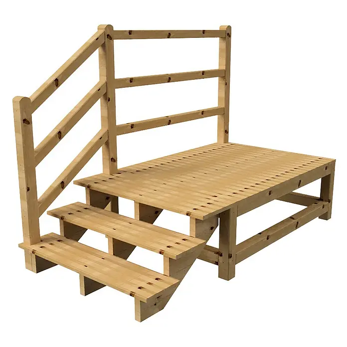 Vinuovo Außentreppe - 120 cm, Anzahl Steigungen: 3 Stk., Gerade - Helle Holzterrasse mit zwei Stufen und Geländer, mit sichtbarer Maserung und Ästen.