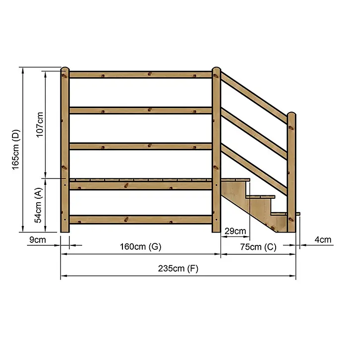 Vinuovo Außentreppe - 120 cm, Anzahl Steigungen: 3 Stk., Gerade - Holzgeländersystem mit integrierter Treppe, zeigt verschiedene Konstruktionsmaße. Aus Naturholz gefertigt.