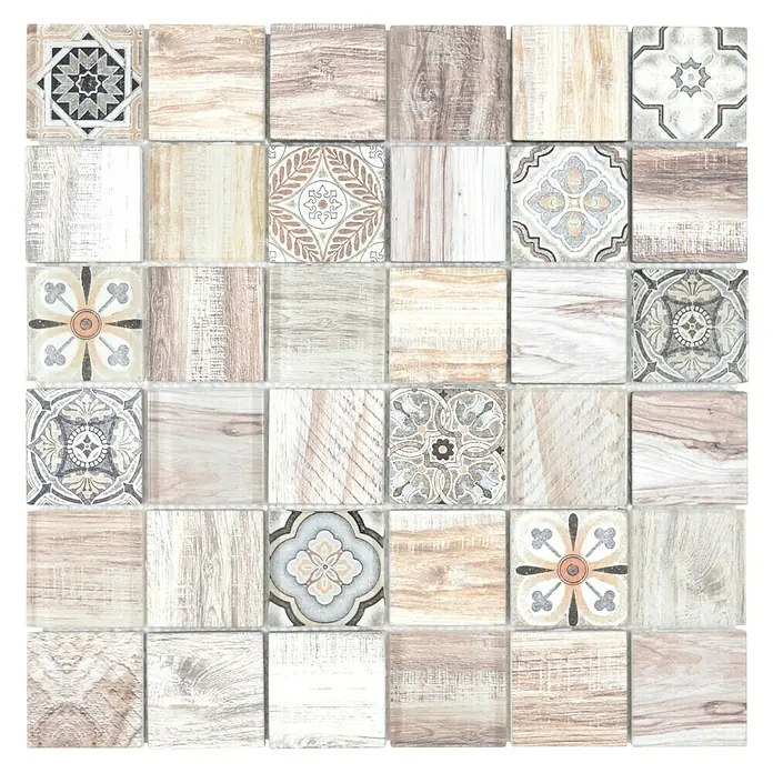 Mosaikfliese Quadrat Crystal XCM WOOD 100 - 30 x 30 cm, Beige, Glänzend - Quadrate aus Keramikfliesen mit Holz- und floralen Mustern.