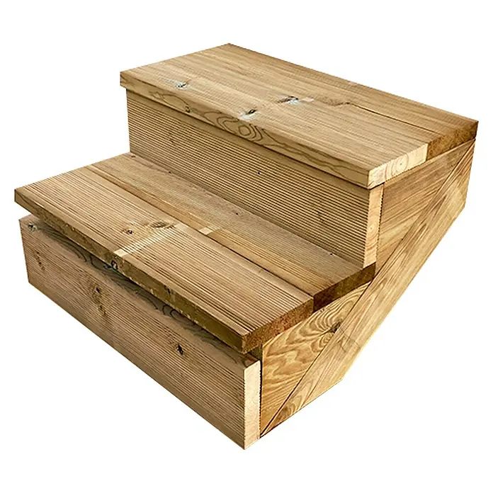 Vinuovo Außentreppe BERLIN Holztreppe - 2 Geschlossene Stufen 37cm Höhe - 60cm Breite - Anzahl Steigungen: 2 Stk., Gerade - Zweistufige hellbraune Holz-Außentreppe mit geriffelten Terrassendielen.