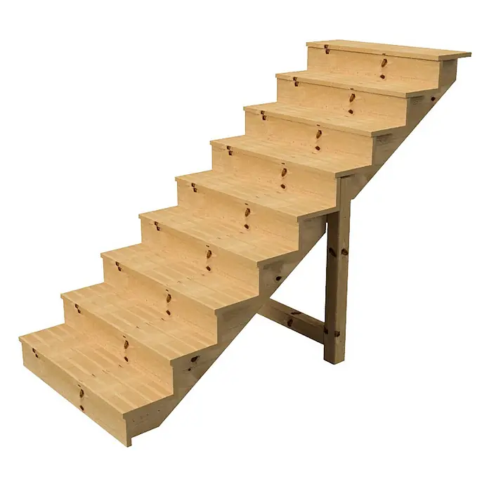 Vinuovo Außentreppe BERLIN Holztreppe - 9 Geschlossene Stufen 156cm Höhe - 100cm Breite - Anzahl Steigungen: 9 Stk., Gerade - Achtstufige helle Holztreppe mit sichtbarer Maserung und Ästen.