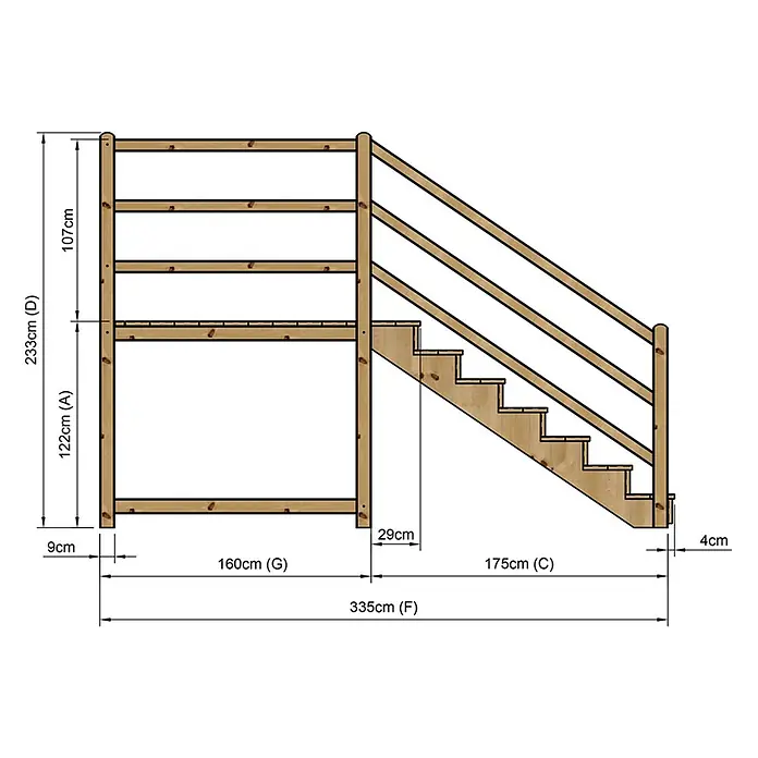 Vinuovo Außentreppe - 120 cm, Anzahl Steigungen: 7 Stk., Gerade - Hölzernes Etagenbett mit integrierter Treppe und Sicherheitsgeländer, mit detaillierten Maßen dargestellt.