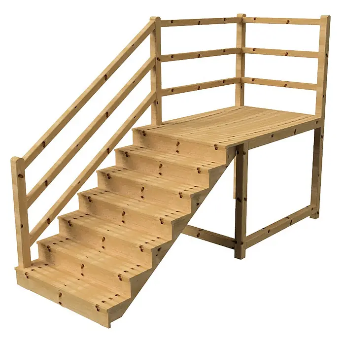 Vinuovo Außentreppe - 120 cm, Anzahl Steigungen: 7 Stk., Gerade - Helle Holztreppe mit Geländer und erhöhter Plattform.