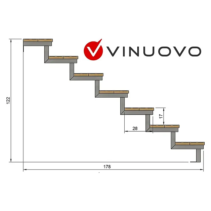 Vinuovo Außentreppe OSLO - Stahltreppe Außen H122cm 7 Treppenstufen Holz KDI Breite 140cm - Anzahl Steigungen: 7 Stk., Gerade - Technische Zeichnung einer Treppe mit grauer Struktur und Holzstufen, inklusive Gesamtmaßen und individuellen Stufenabmessungen.
