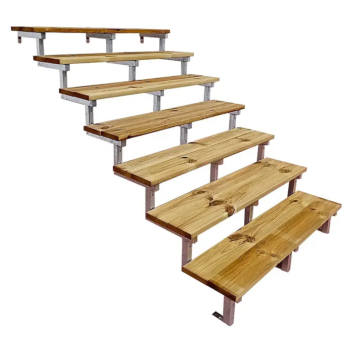 Vinuovo Außentreppe OSLO - Stahltreppe Außen H122cm 7 Treppenstufen Holz KDI Breite 140cm - Anzahl Steigungen: 7 Stk., Gerade - Modulare Außentreppe mit Holzstufen und verzinkten Metallhalterungen, die nach oben führen.
