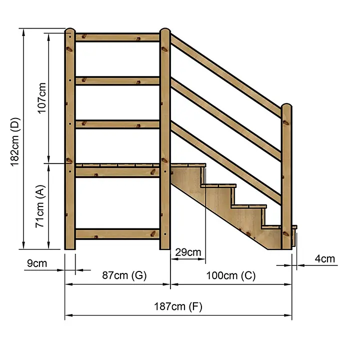 Vinuovo Außentreppe - 120 cm, Anzahl Steigungen: 4 Stk., Gerade - Hölzerne Hochbett-Treppe und Sicherheitsgeländer-Einheit.