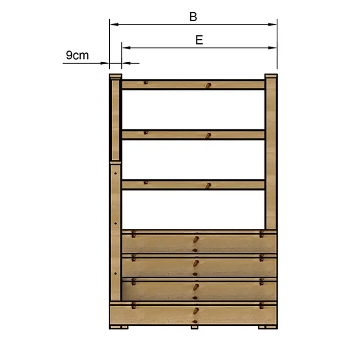 Vinuovo Außentreppe - 120 cm, Anzahl Steigungen: 4 Stk., Gerade - Holzaktenregal mit offenen und Lattenfächern, Maße B, E und 9cm linker Pfostenbreite.