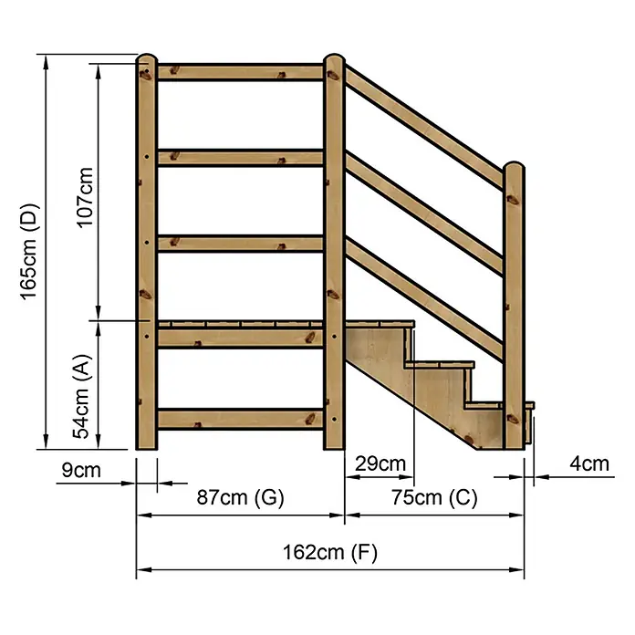 Vinuovo Außentreppe - 120 cm, Anzahl Steigungen: 3 Stk., Gerade - Spielturm aus Holz mit vierstufiger Leiter und zweistufiger Treppe mit Geländer, inklusive Maßen.