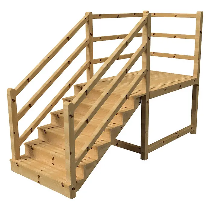 Vinuovo Außentreppe - 120 cm, Anzahl Steigungen: 6 Stk., Gerade - Helle Holztreppe mit kleinem Podest und Geländer, für erhöhten Zugang.