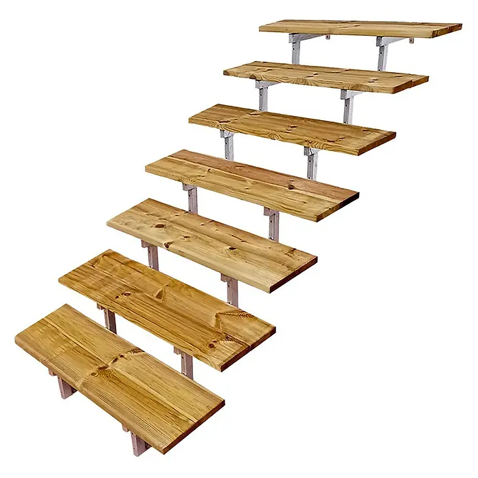 Vinuovo Außentreppe OSLO - Stahltreppe Außen H122cm 7 Treppenstufen Holz KDI Breite 100cm - Anzahl Steigungen: 7 Stk., Gerade - Acht Naturholzbretter auf Metallhalterungen, diagonal angeordnet wie aufsteigende Stufen oder gestufte Regale.