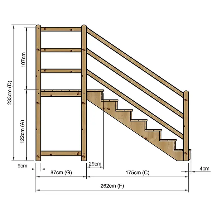 Vinuovo Außentreppe - 120 cm, Anzahl Steigungen: 7 Stk., Gerade - Hölzernes Spielgerüst mit Leiter und Treppe, bemaßt dargestellt.