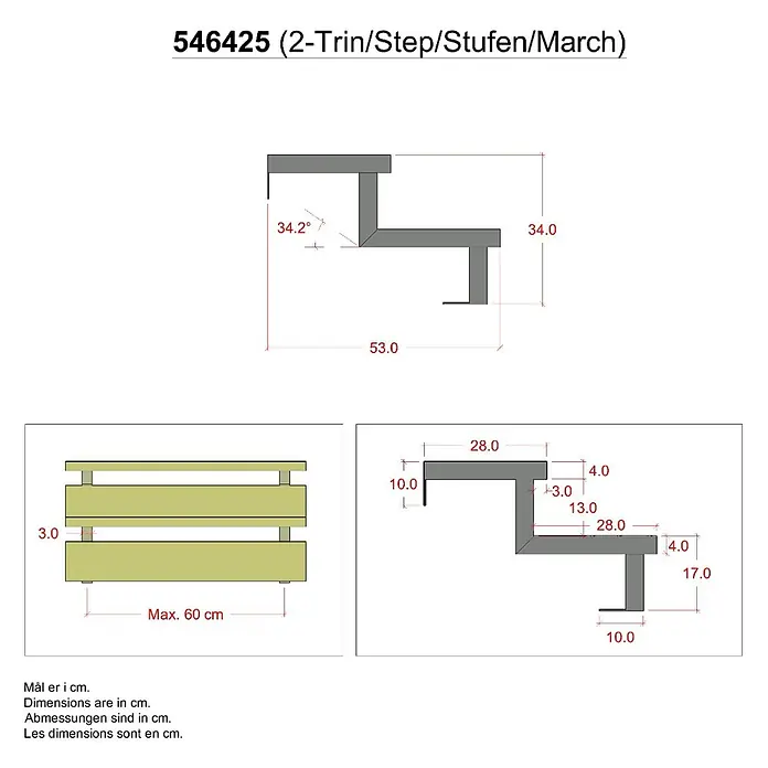 Vinuovo Außentreppe 3er Set Stahl Treppenwange 2 Stufen - Option für Setzstufen-Höhe 34cm - Anzahl Steigungen: 2 Stk., Gerade - Detaillierte Maßzeichnung eines zweistufigen Treppenmoduls mit einer maximalen Breite von 60 cm.