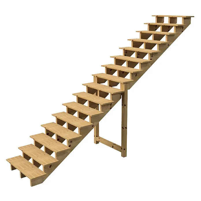 Vinuovo Außentreppe BERLIN Holztreppe - 16 Offene Stufen 275cm Höhe - 100cm Breite - Anzahl Steigungen: 6 Stk., Gerade - Hellbraune Holztreppe mit selbsttragender Konstruktion.