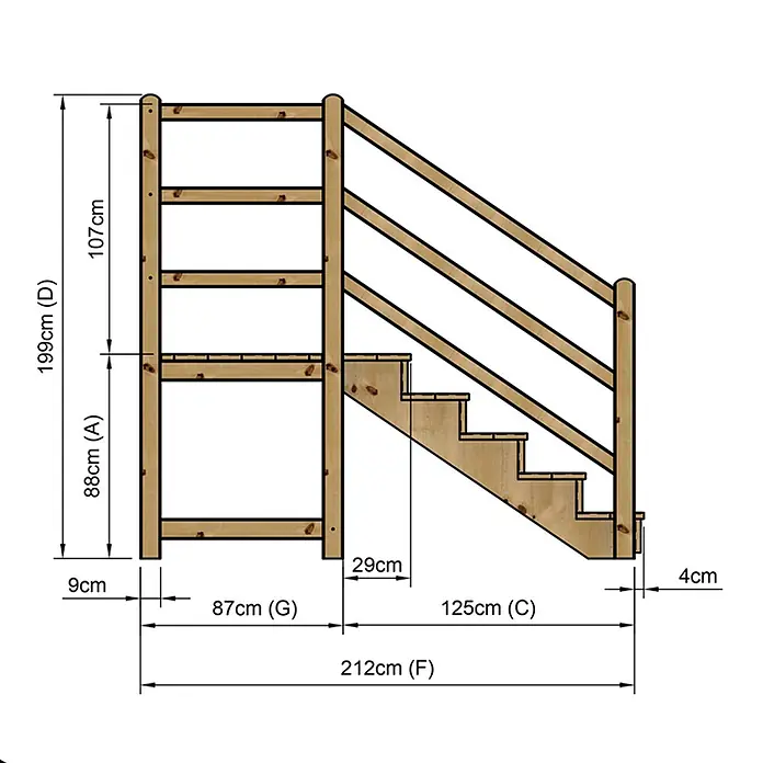 Vinuovo Außentreppe - 120 cm, Anzahl Steigungen: 5 Stk., Gerade - Hölzerne Etagenbett-Treppe und Plattform mit Konstruktionsmaßen.