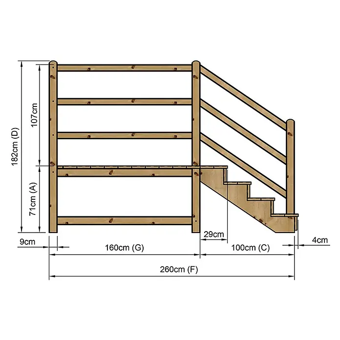 Vinuovo Außentreppe - 120 cm, Anzahl Steigungen: 4 Stk., Gerade - Hölzerne Terrassenplattform mit integrierter Treppe und Geländer, detailliert mit Maßen.